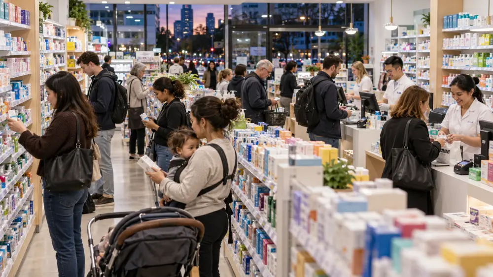 Customers browsing well-stocked shelves in a modern pharmacy