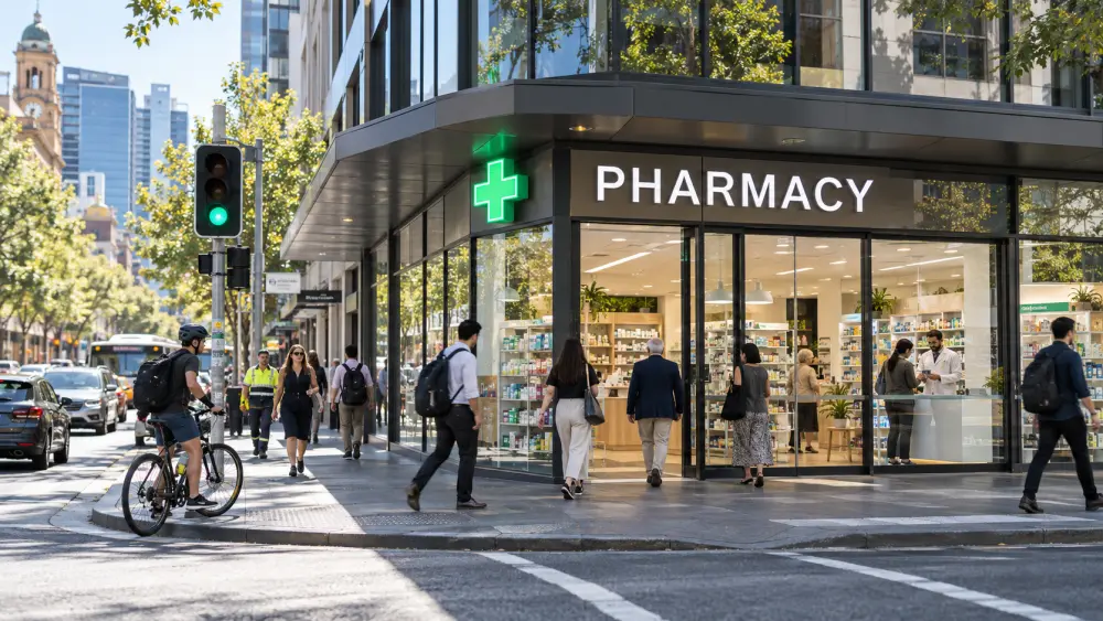 A pharmacy chain storefront in a busy CBD location
