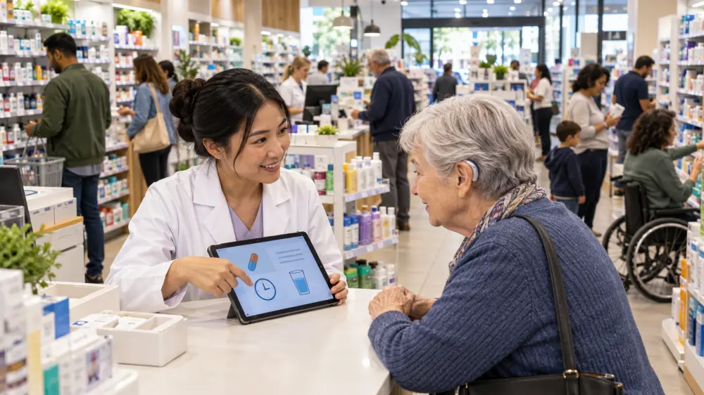 A pharmacy payment terminal at the counter, part of a hardware refresh
