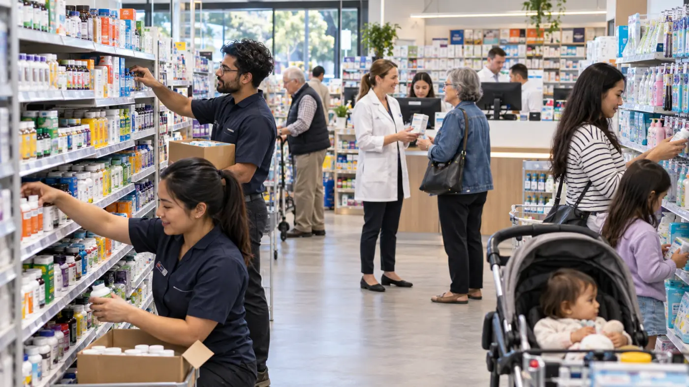 Pharmacy staff working with in-store systems